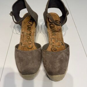 Sam Edamame Taupe Suede Espadrille Ankle-Strap Wedges